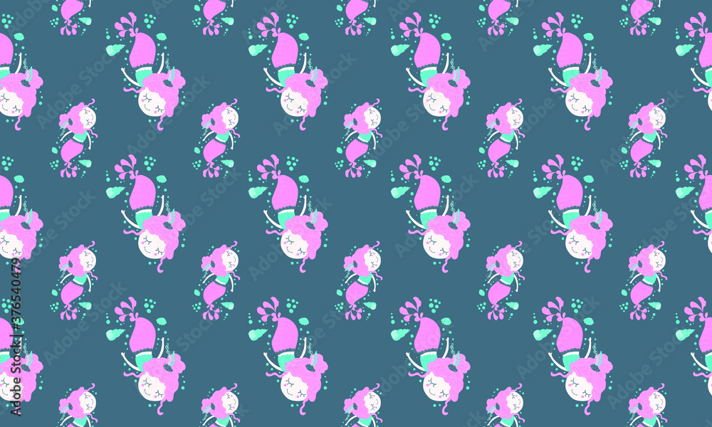 Seamless pattern of magical lovely little dreamy girls mermaids with pink hair floating peacefully in shells and bubbles on a dark background. Ideal for children's pajamas and bedroom decor. Vector.