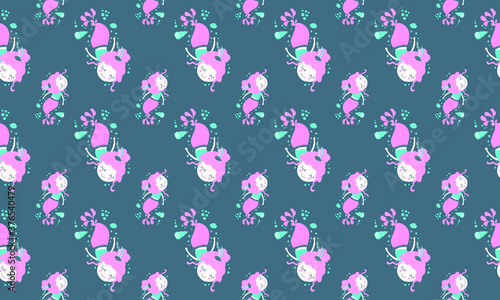 Seamless pattern of magical lovely little dreamy girls mermaids with pink hair floating peacefully in shells and bubbles on a dark background. Ideal for children's pajamas and bedroom decor. Vector.