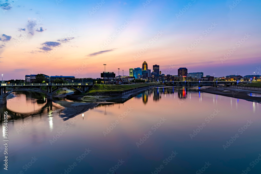 Panoramic View of the Des Moines Skyline Reflecting in the Des Moines River at Sunset