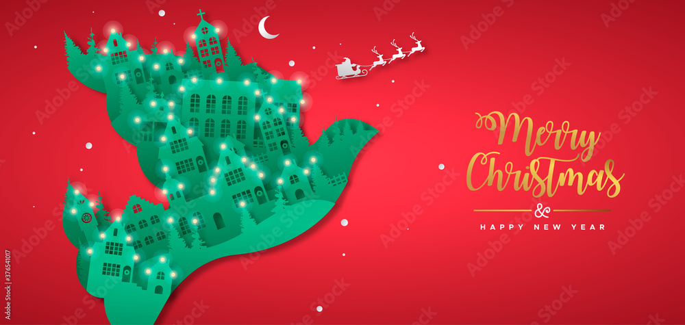 Naklejka premium Christmas New Year paper cut bird winter city
