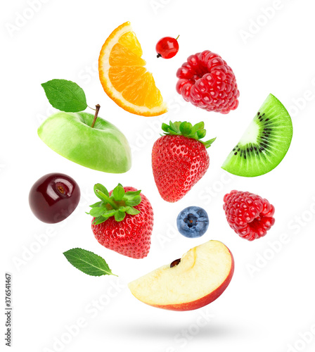 Fototapeta Naklejka Na Ścianę i Meble -  Mixed fruits on white background. Fruits falling
