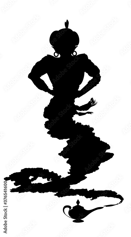 Arabic genie lamp black silhouette isolated on white background. Outline of figure of hero of Eastern fairy tales. Vector illustration Arabic genie lamp black silhouette isolated on white background. Outline of figure of hero of Eastern fairy tales. Vector illustration