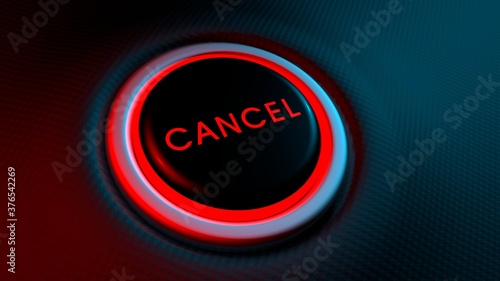 Red glowing cancel button on metallic background. 3D rendering photo