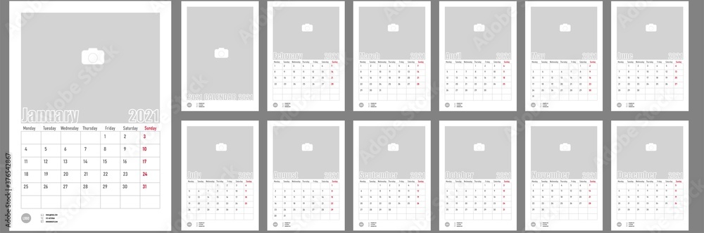 Wall Monthly Photo Calendar 2021. Corporate and business calendar. Simple monthly wall photo calendar Layout for 2021 in English. Cover and 12 monthes calendar templates. Monday week start.  - obrazy, fototapety, plakaty 