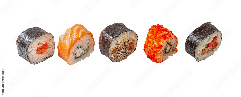 set of assorted japanese rolls isolated on white set of assorted japanese rolls isolated on white