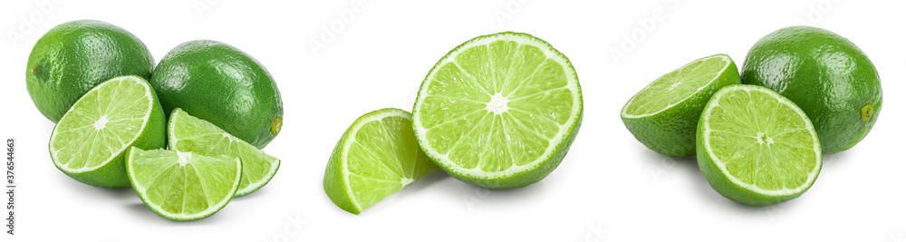 lime with half and leaf isolated on white background. Set or collection lime with half and leaf isolated on white background. Set or collection