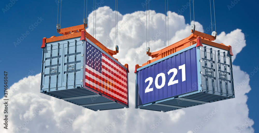 Year 2021. Freight container with USA flag. 3D Rendering