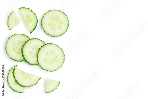 Sliced cucumber isolated on white background with clipping path and full depth of field, Top view with copy space for your text. Flat lay
