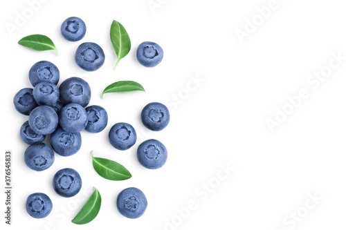 fresh ripe blueberry with leaves isolated on white background with clipping path . Top view with copy space for your text. Flat lay pattern