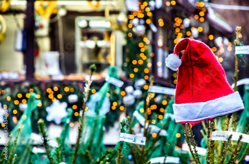 Santa hat on the Christmas treein the street photo