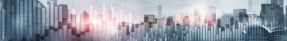 Candlestick chart with downtown Hong Kong cityscape skyscrapers. Panoramic Website Banner.