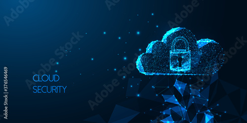 Futuristic Cloud security concept with glowing low polygonal cloud technology symbol and padlock