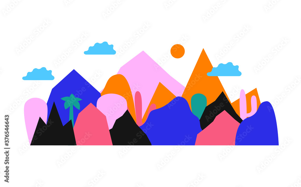 Vector flat illustration with colorfull mountains, tropic trees and clounds. Cute lanscape for banners, food package, poster.
