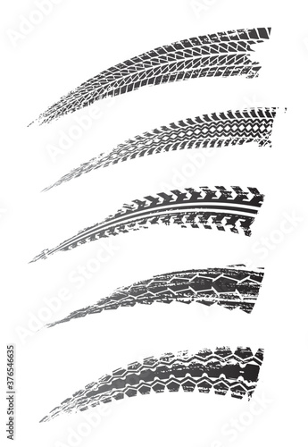 Tire prints, car tyre tracks isolated grunge vector marks. Auto or bike race, vehicle, transportation dirty wheels trace. Abstract monochrome brush stroke pattern, graphic texture, design elements set