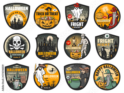 Halloween vector badges with pumpkins, horror ghosts and spooky bats, witch, skull and mummy, death skeleton, angry wizard and potion cauldron, haunted house, graveyard and moon. Trick or treat party
