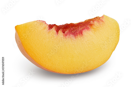 Ripe peach fruit slices isolated on white background with clipping path and full depth of field
