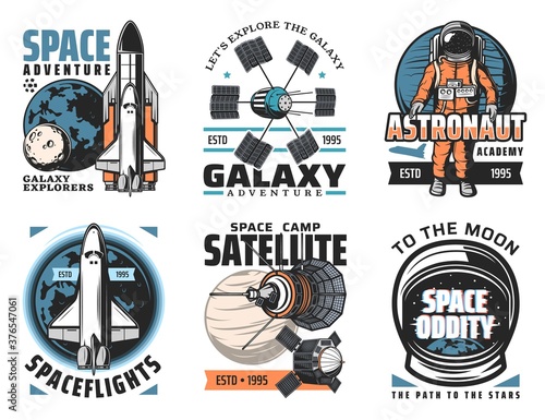 Space and planets exploration vector icons. Shuttle launch vehicle and orbiter with solar system platens, artificial satellites and orbital telescopes, astronaut in spacesuit retro illustrations