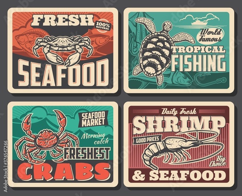 King or shear crab, turtle and shrimp vector retro posters. Tropical fishing, seafood market production vintage cards design, underwater animals. Fisherman club and fishing sport, crustacean in ocean