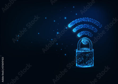 Futuristic secure wireless internet connection concept with low polygonal wi-fi symbol and padlock