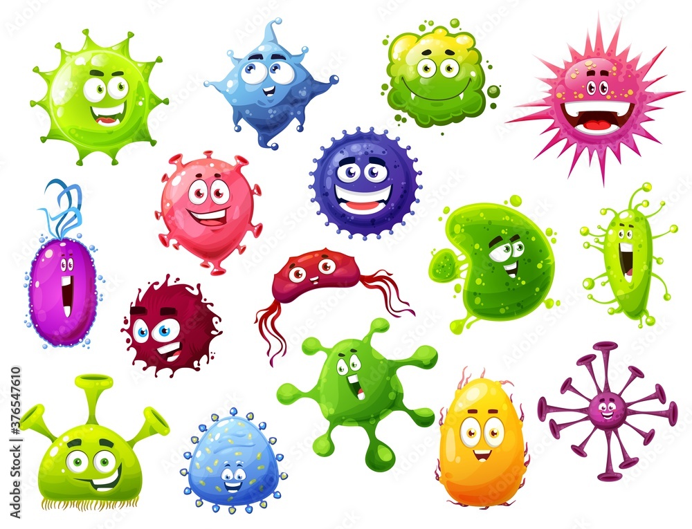 Cartoon viruses, vector cute bacteria and germs characters with funny ...