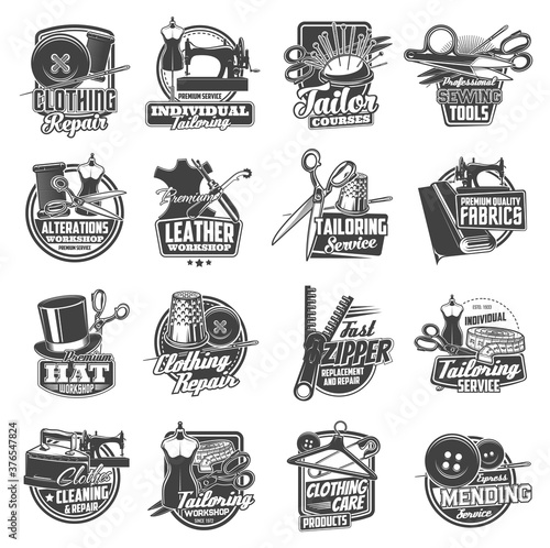 Sewing and tailor icons, atelier and dressmaker shop vector labels. Tailor seamstress and clothing repair service signs, sewing machine, needles and pins, tailoring workshop buttons and thread stitch