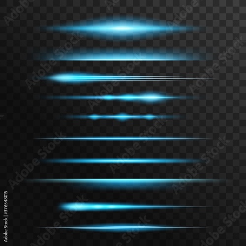 Light flare and sparks, blue neon flashes, glow vector lines. Glowing illumination, starlight beams, bursts and sparkles. Isolated shiny explosion, horizontal twinkling traces, linear sparkling rays