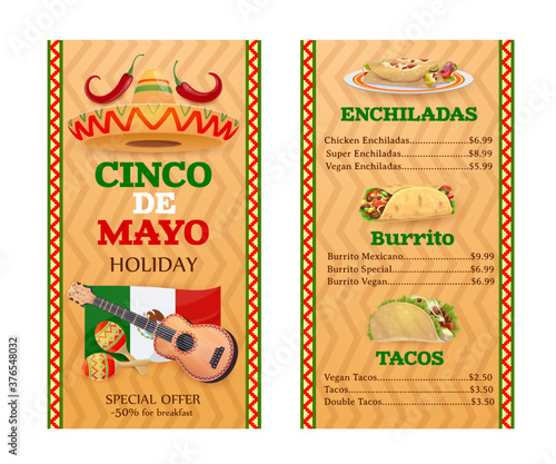 Mexican cuisine vector menu. Cinco de Mayo holidays meals tacos, burrito, and enchiladas Mexican food dishes. Cartoon menu design with sombrero, national flag, jalapeno red peppers, guitar and maracas