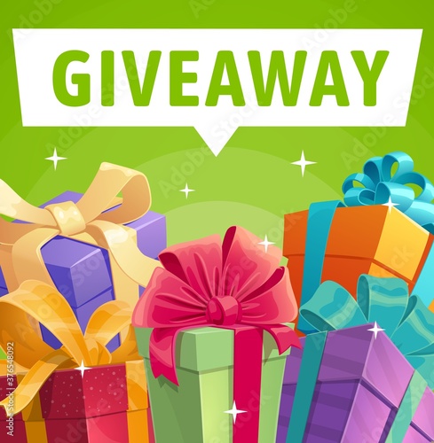Giveaway gift boxes, vector presents, promotion contest, competition free prizes. Holidays and shopping giveaway gifts wrapped with ribbons. Promo for social media advertising campaign cartoon poster