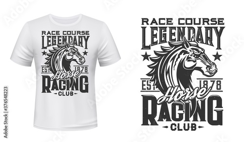 Horse racing club t-shirt vector print. Racehorse stallion head engraved illustration and retro typography. Equestrian sport race, horse riding club competition clothing print design mockup