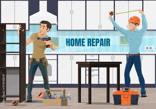 Home repair, apartment renovation service. House repair worker using electric screwdriver, assembling rack or cupboard, installing furniture on kitchen, handyman or foreman measuring room vector