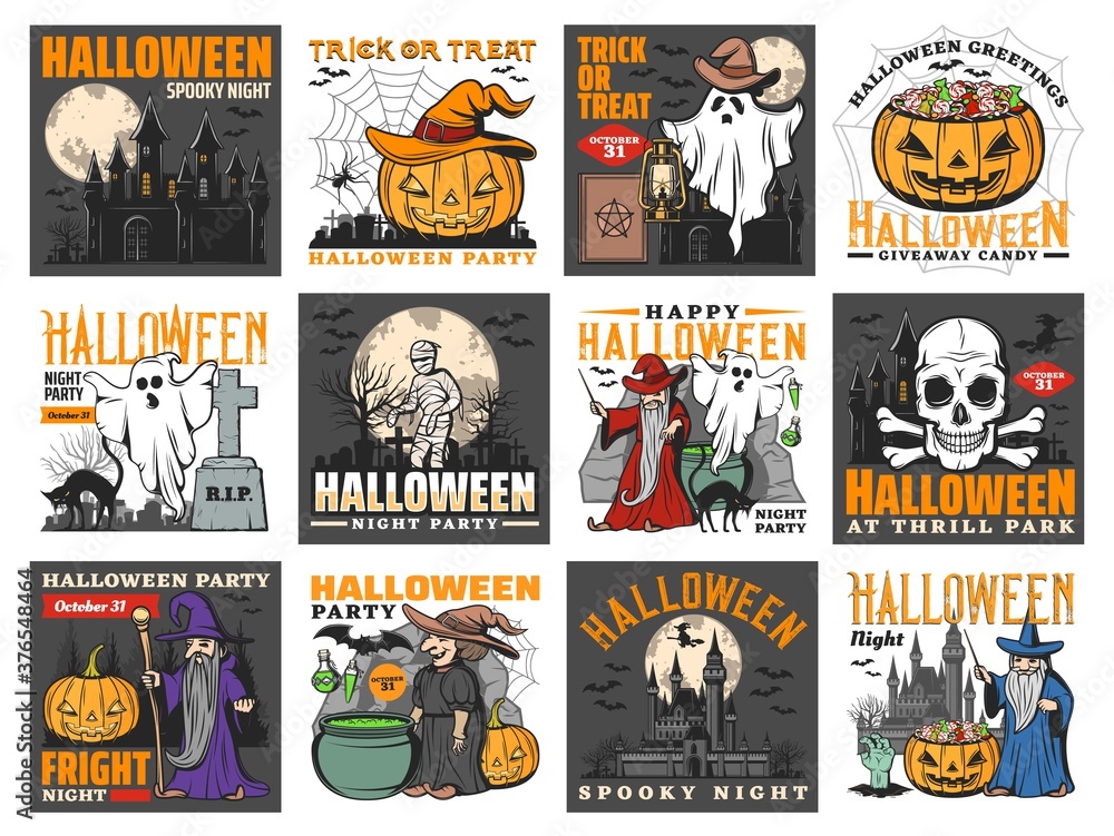 Halloween monster vector greeting cards. Spooky pumpkins, ghosts and witch, horror night moon, bats and skull, spider and black cat, evil wizard, zombie and mummy, haunted house, potion and graveyard