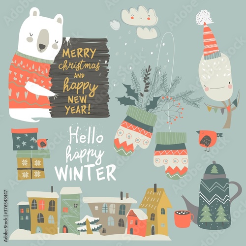 Cartoon set with animals and Christmas elements