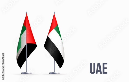 United Arab Emirates flag state symbol isolated on background national banner. Greeting card National Day spirit of the union United Arab Emirates. Illustration banner with realistic state flag of UAE