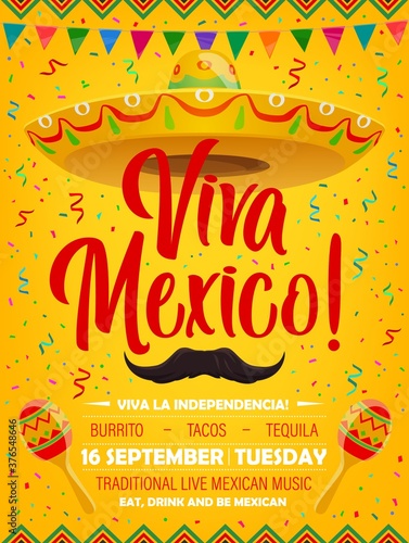 Viva Mexico vector poster with mexican symbols sombrero, mustaches and maracas. Cartoon flyer with flag garlands and confetti, invitation for festival of traditional live music party, Mexico holiday
