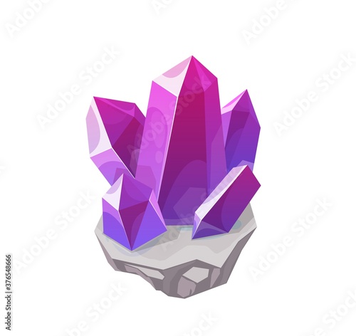 Purple magic crystal, gemstone vector rock or gem, isolated mineral chrysoberyl, alexandrite, amethyst or quartz crystalline stone. precious jewelry organic object. Semiprecious corundum cartoon icon