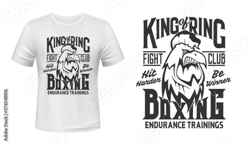 Rooster print t-shirt mockup, boxing fight club vector emblem. Angry rooster cock mascot box or kickboxing fighting club with Hit Harder and Be Winner slogan for t shirt print