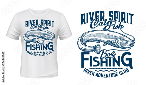 Catfish with long barbels t-shirt vector print. Freshwater catfish engraved illustration and typography. River fishing sport club clothing custom print mockup, hobby apparel template with fish mascot