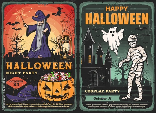 Halloween horror night graveyard with pumpkin monster and trick or treat candies. Vector ghost, bats and witch, zombie, mummy and spider net, haunted house and evil wizard with black magic wand