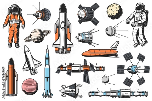 Space and astronomy icons vector set. Astronaut in spacesuit, space shuttle carrier and orbiter, artificial satellites and spaceships, orbital space station and solar system planet retro illustrations