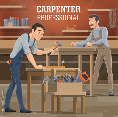 Professional carpenter workshop. Woodworkers in overalls shaping board with jack plane, carpenter working in shop and hammer nails. Carpentry handyman, toolbox with saw, chisel and wrenches vector