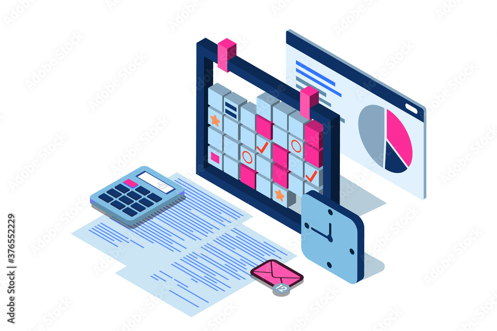 Time management, business strategy, planning concept. Vector 3d isometric illustration of schedule mobile app. EPS