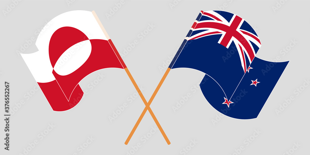 Crossed and waving flags of Greenland and New Zealand Crossed and waving flags of Greenland and New Zealand
