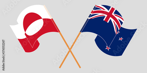 Crossed and waving flags of Greenland and New Zealand