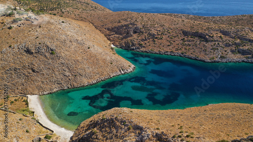 Aerial drone photo of secluded beaches unspoiled by tourism in Southern part of mainland Greece - Cape Matapan or Tainaro, Mani, Peloponnese, Greece