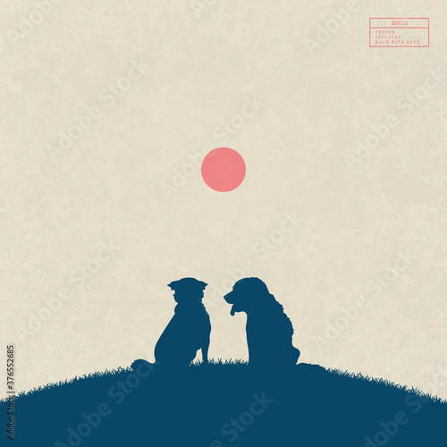 Dog friends in park. Two animals isolated silhouettes sitting on hill. Red sun on yellow texture background. Abstract vector illustration in sumie style for use in polygraphy, textile, nursery decor