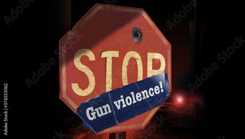 A stop gun violence is stuck to a stop sign that has a bullet hole in it  in this illustration.