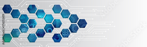 Wide Hi tech futuristic technology background. Abstract Engineering, Communication, Sci fi concept. Vector design with hexagons.