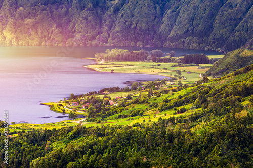 Traditional houses, Sete Cidades, Sao Miguel Island, Azores. Beautiful view of Sete Cidades village in Sao Miguel Island, Azores, Portugal.