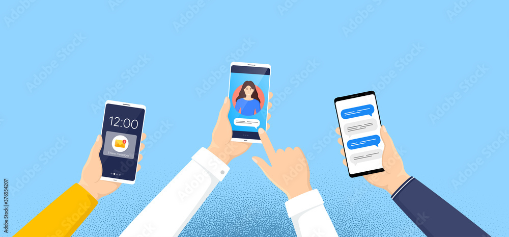 Phone chat messages. Sms notification on mobile phone. Speech bubbles on cellphone screen. People smartphone chatting. Hands with cellphone. Chat message bubbles. Vector with dotwork effect. Phone chat messages. Sms notification on mobile phone. Speech bubbles on cellphone screen. People smartphone chatting. Hands with cellphone. Chat message bubbles. Vector with dotwork effect.