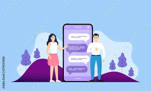 Phone online chatting background. Date app smartphone screen. Mobile phone with characters of people. Cellphone chat speech bubbles. Smartphone online chat. Flat landscape with trees. Vector